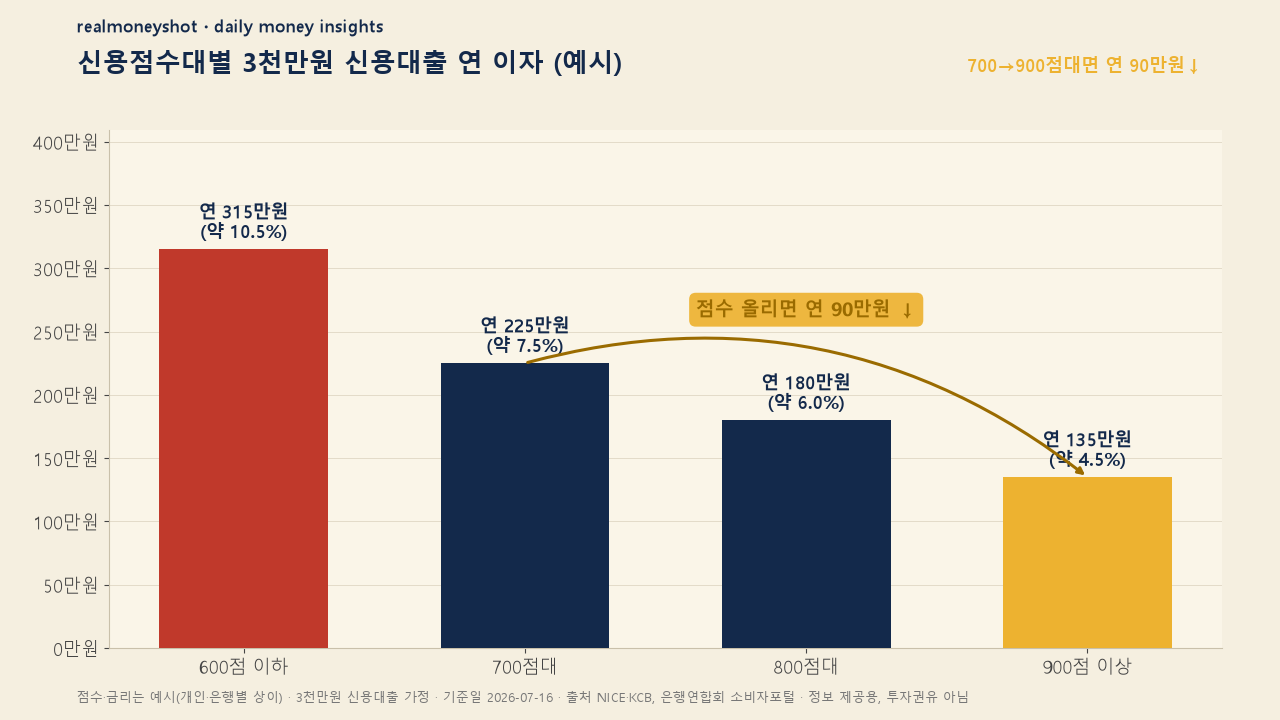 신용점수대별 3천만원 신용대출 연 이자 비교 그래프, 700점대에서 900점대로 올리면 연 90만원 절감