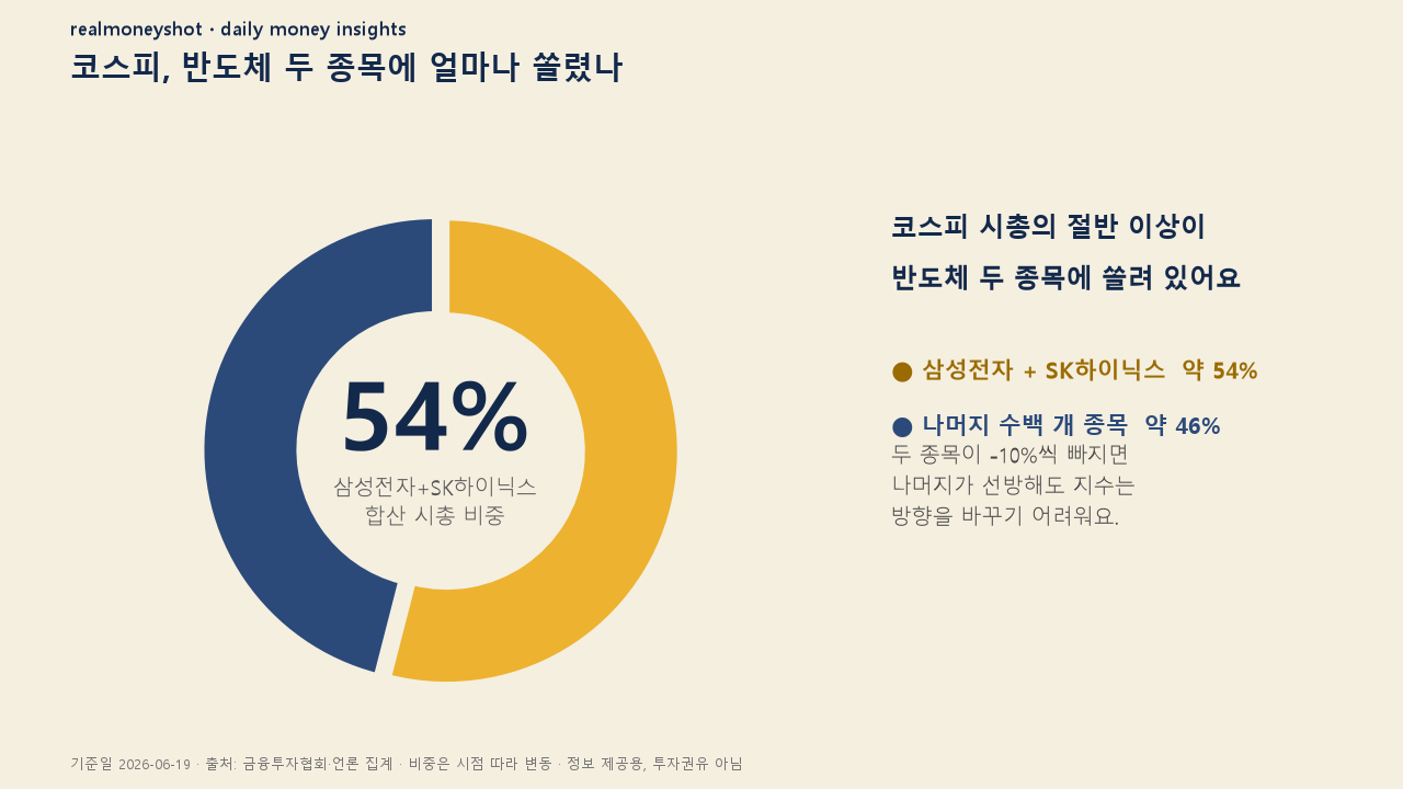 코스피 시총 삼성전자 SK하이닉스 반도체 두 종목 약 54% 편중 도넛 차트