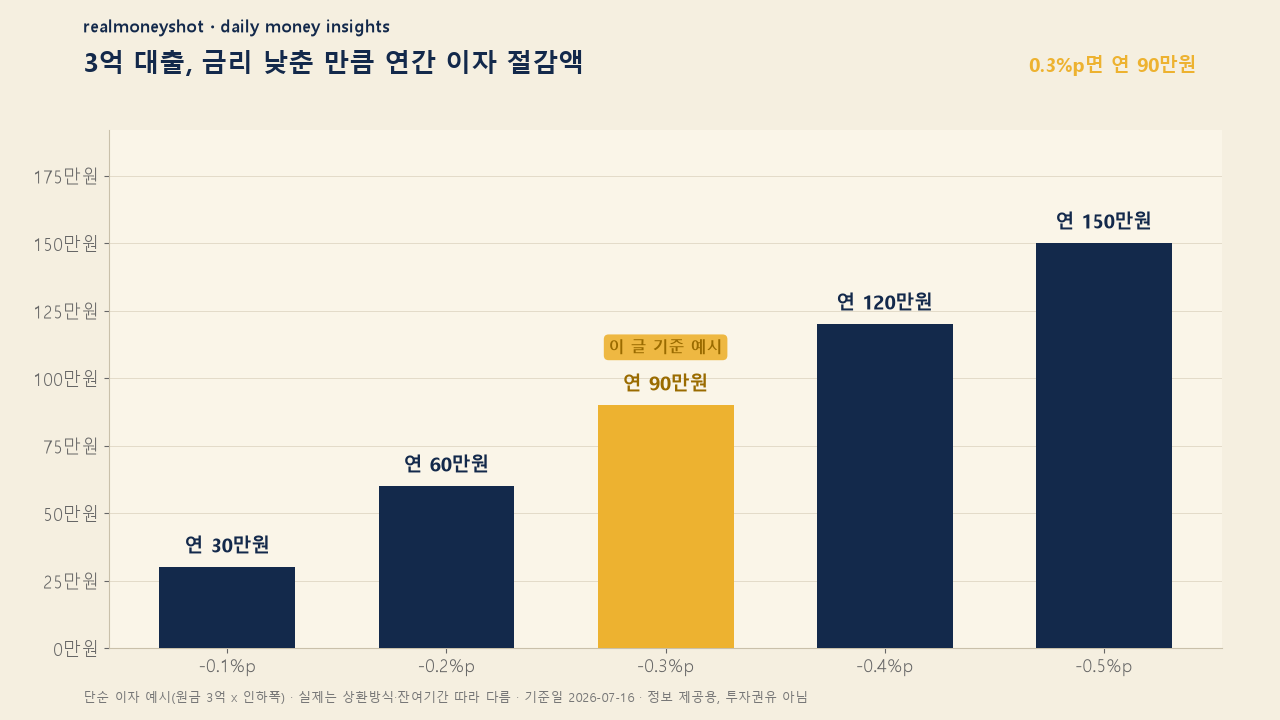 주택담보대출 갈아타기 금리 인하폭별 3억 대출 연간 이자 절감액 그래프