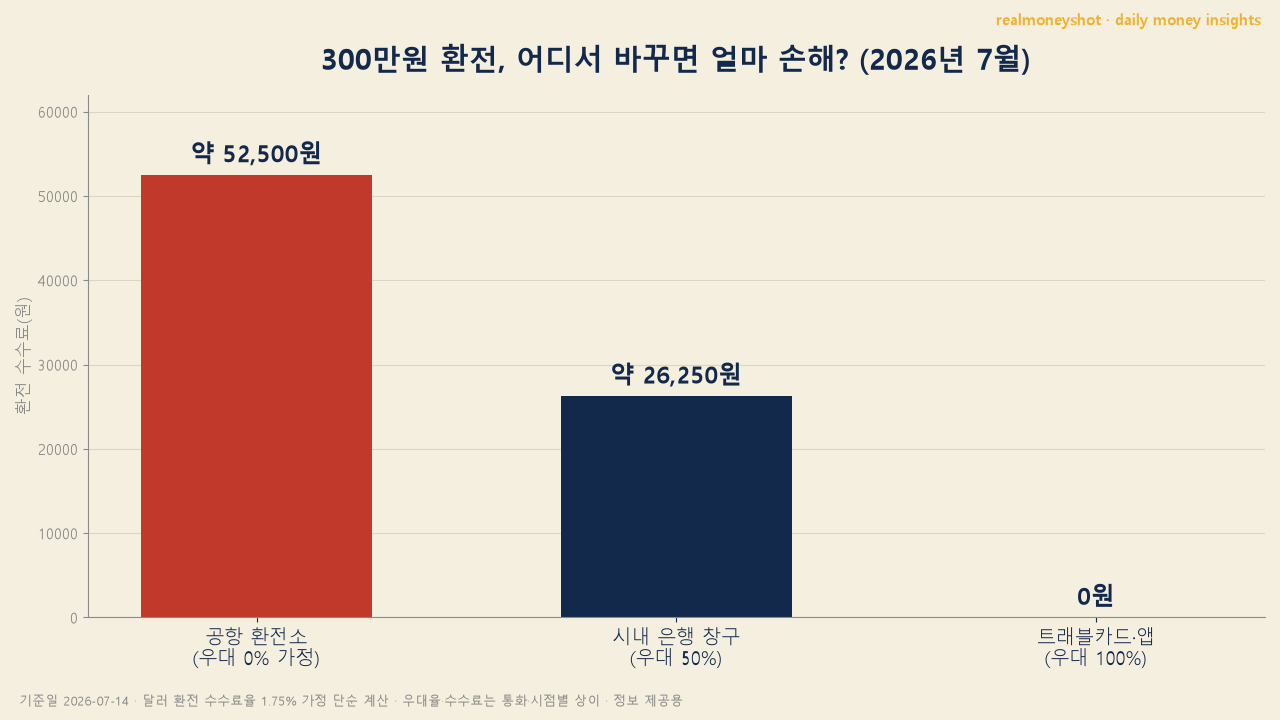 트래블카드 환전 방법별 손해액 비교 2026년 7월 - 공항 환전소 시내 창구 트래블카드